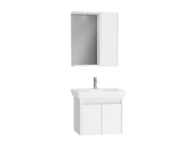 Step Flatpack Set, 65 cm, with doors, (Washbasin Unit, Mirror with Side Cabinet), White High Gloss